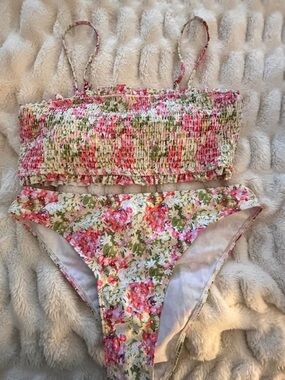 NWOT Amazon Floral Smocked Bikini Set - Pink & Green